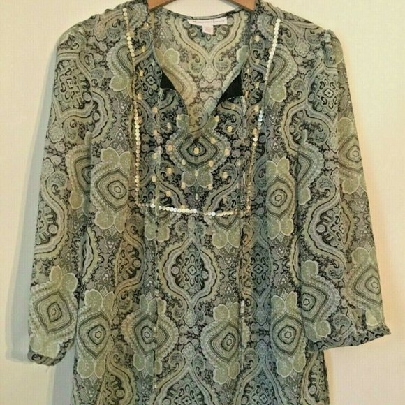 JM Collection Green print PETITE TOP BLOUSE SZ 12P - Picture 1 of 6